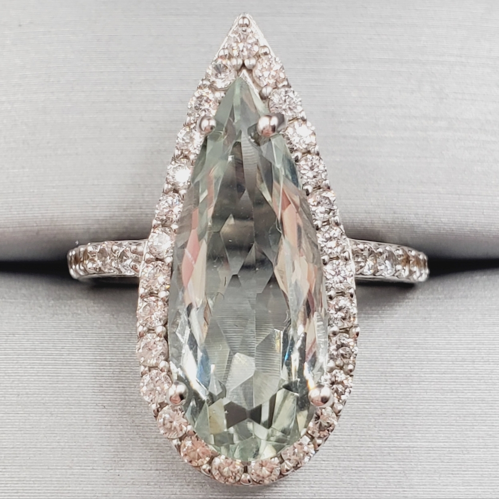 8 Carat Montezuma Prasiolite & White Zircon Ring Pear Halo Ring Statement Ring